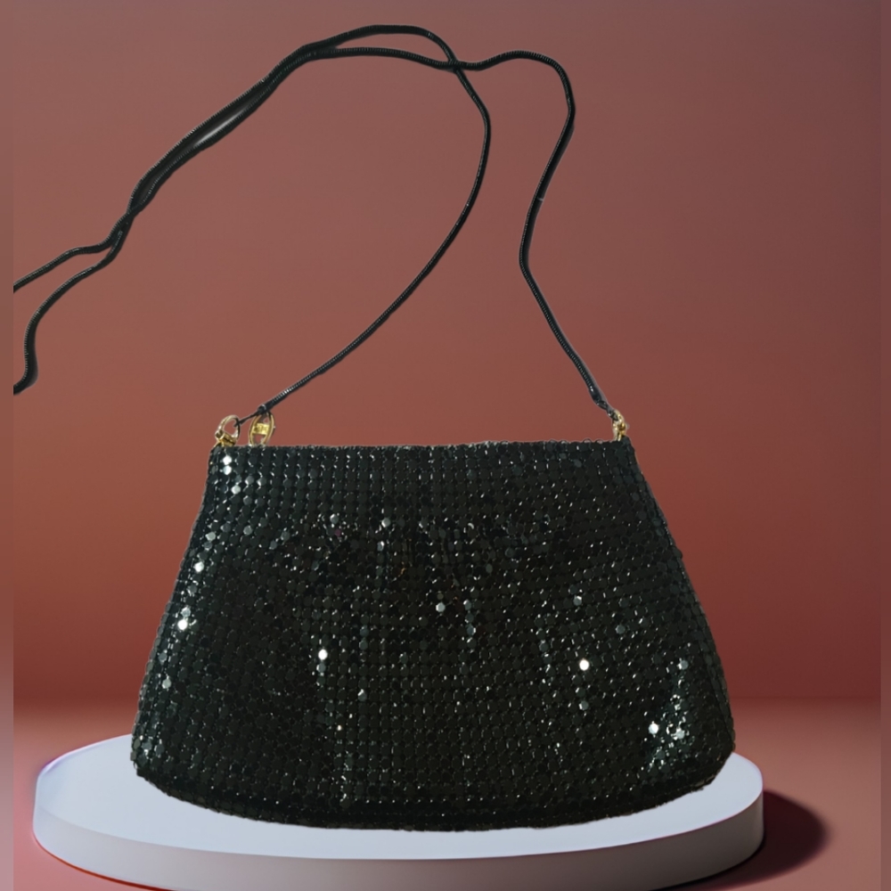 Vintage 1980s Style Black Sequin Metal Mesh Gold Accents Evening Bag